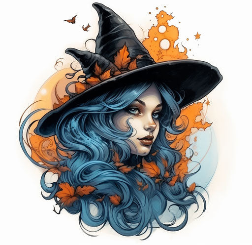 Drawing of a witch hat tattoo style light blue amber