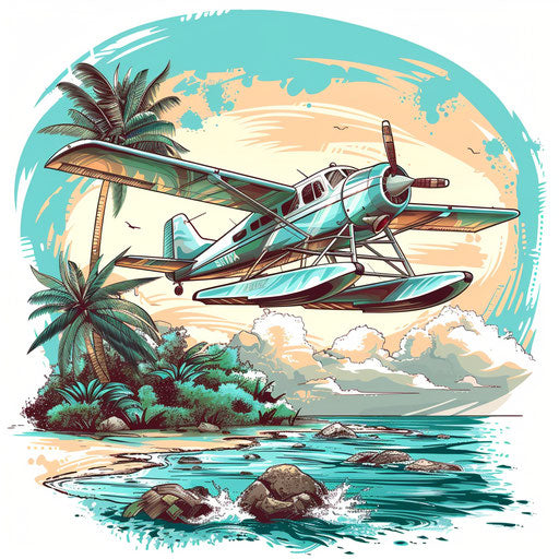 Exotic flat tattoo sketch of a seaplane landing on a tropical island