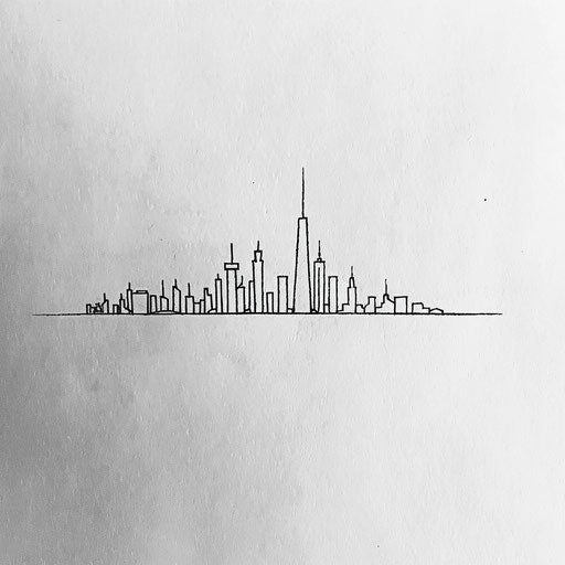 Flat tattoo sketch of skyline silhouette drawn with minimalist line