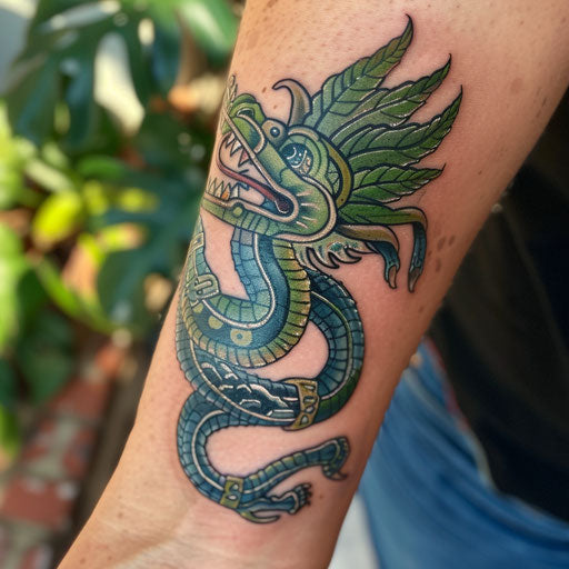Dynamic Mayan serpent in shades of green and blue