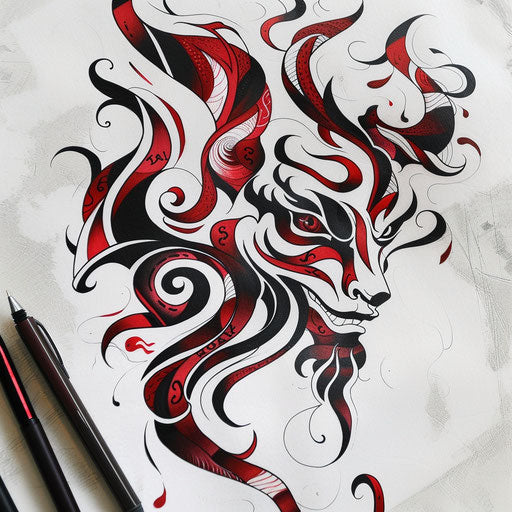 Abstract devil tattoo illustration, red and black patterns on white