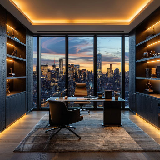 Home office with panoramic city skyline view