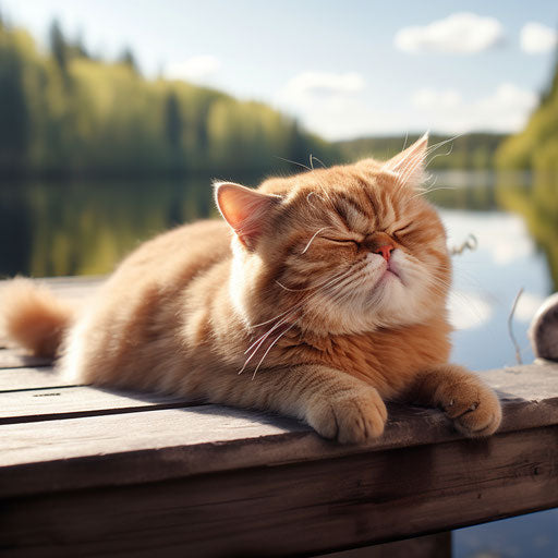 Exotic shorthair cat lying on a dock