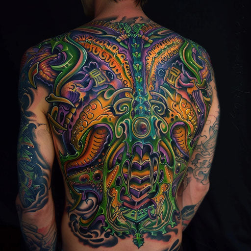 Psychedelic biomechanical back tattoos for men