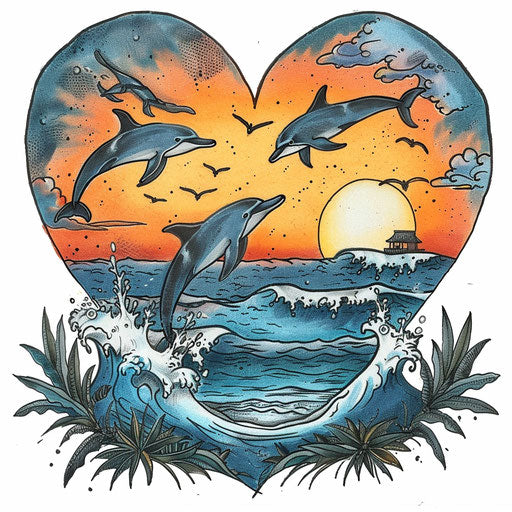 Heart-shaped sunset with dolphins on beach
