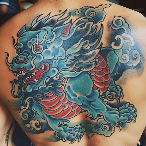 Traditional Japanese lion tattoo with rich colors on white canvas