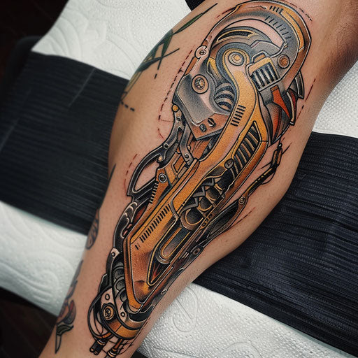 Biomechanical tattoo with sailor motifs