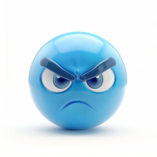 Blue fed up emoji icon on white background, high resolution