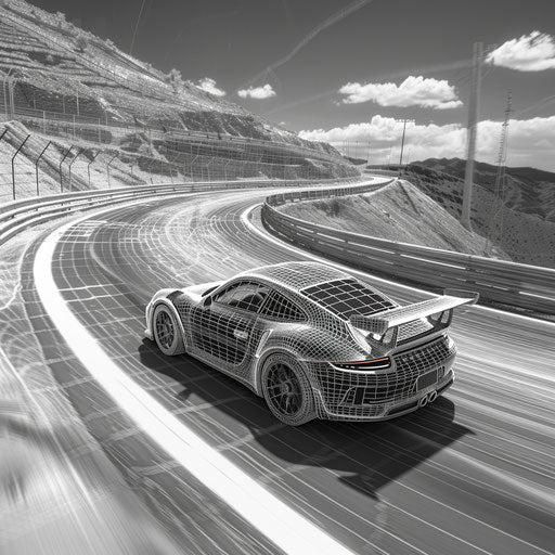Black and white wireframe Porsche GT3 Cup turning at Pikes Peak