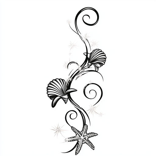 Toe tattoo sketch with wave and shell motif on white background