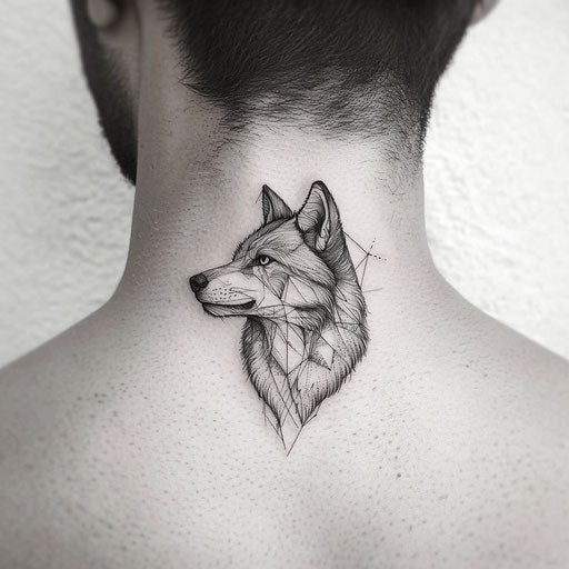 Minimalist geometric wolf neck tattoo for men