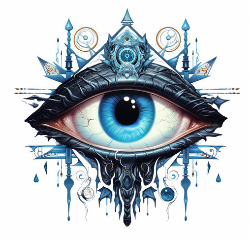 Eye with blue coloring and arrows, whimsical style