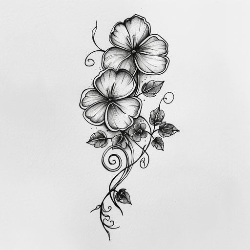 Elegant flat tattoo sketch of a 4 leaf clover entwined with delicate ivy, in monochrome ink