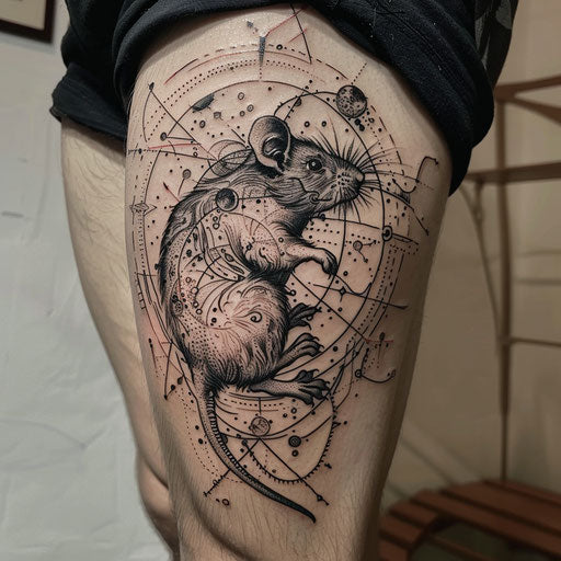 Elegant sketch of a rat with celestial motifs in silver and midnight blue