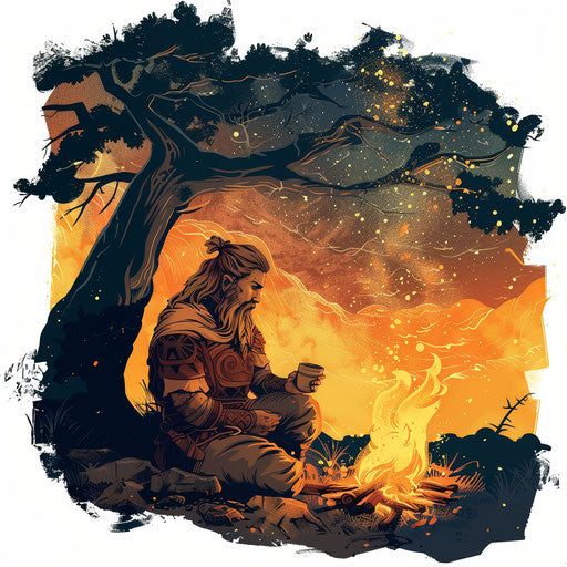 Cozy tattoo sketch of Baldur by the campfire