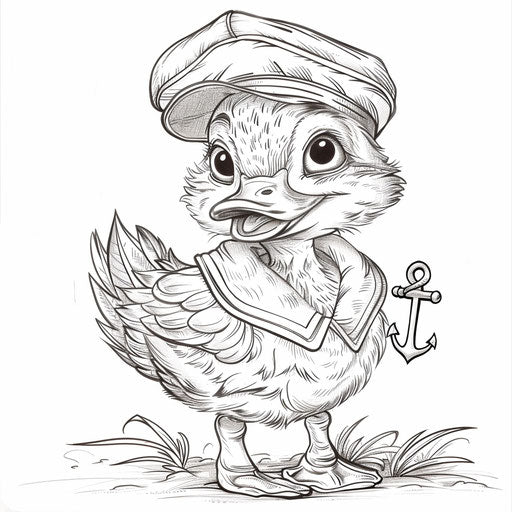 Whimsical duck with sailor hat and anchor. Coloring page