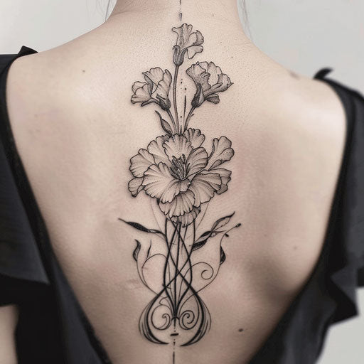 Tribal style carnation tattoo with bold black lines and symbols on white background