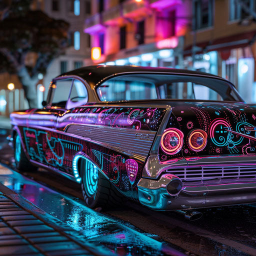 Cyberpunk 1967 Chevy Bel Air with digital graffiti