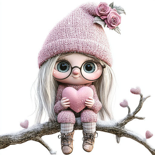 Adorable Valentine gnome girl with heart, pink glasses