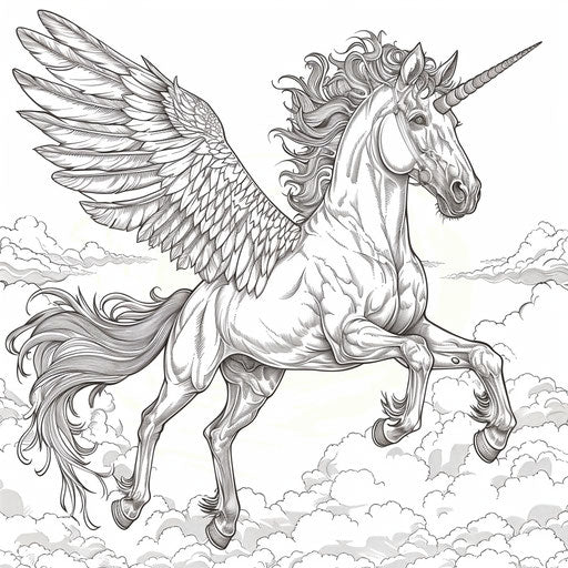 Majestic Pegasus soaring with spread wings in the sky