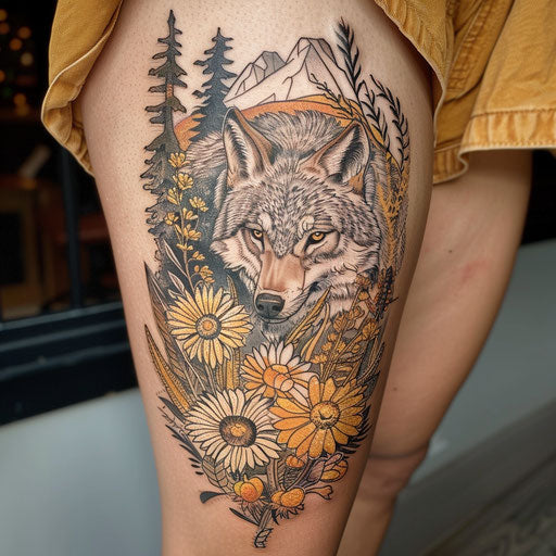 Wildflower tattoo with wolf, earthy tones, dynamic pose, nature scene