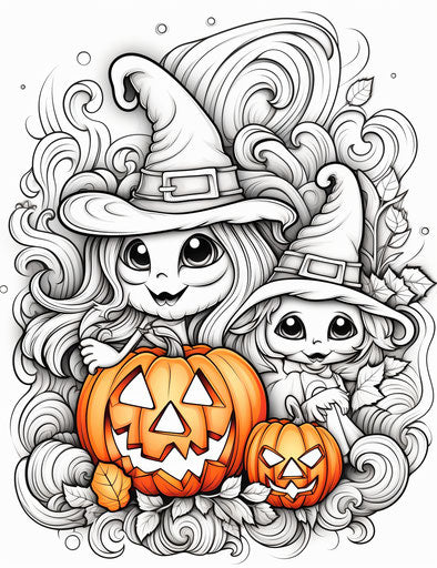 Halloween coloring pages with ghost and witch
