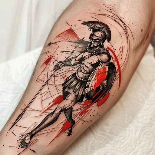 Achilles tattoo with shield and spear, expressive lines and red splashes