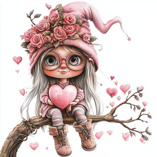 Adorable pink gnome girl hat roses heart glasses boots hobby
