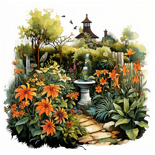 Garden illustration in the style of Chiaroscuro Art, on white background