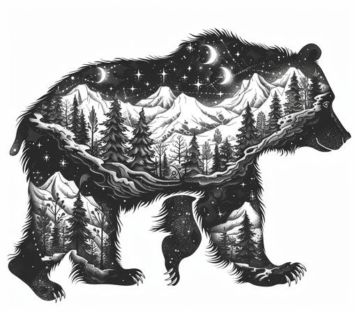 Celestial forest with bear and tree, black-and-white tattoo design