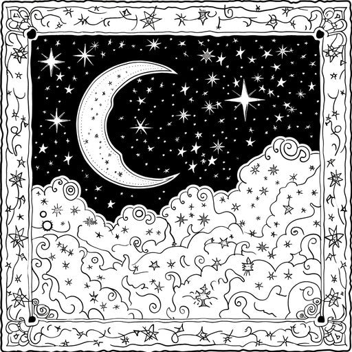Magical night sky with constellations and crescent moon