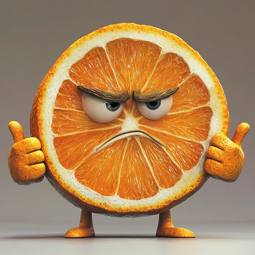 Humorous caricature of an orange slice with human characteristics