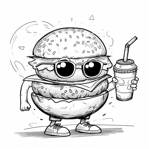 Playful burger character with sunglasses holding a soda