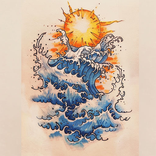 Nautical tattoo sketch of a rising sun with deep blue sea waves and a bright yellow sun