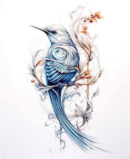 Bird tattoo in white, vine style, fluid glass sculptures