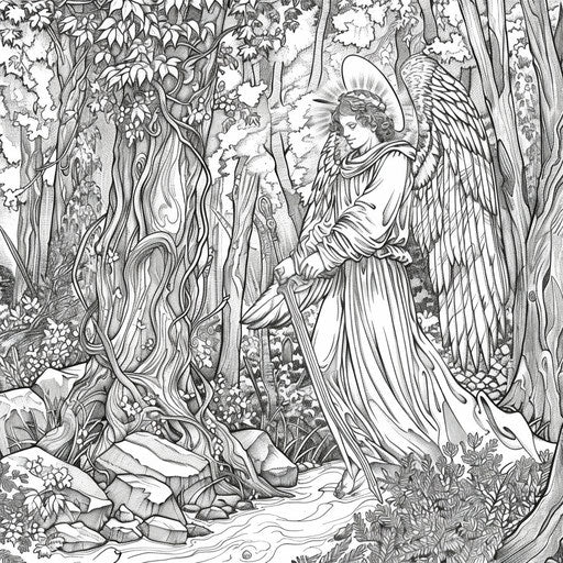 An angel guides a traveler through a forest. Coloring page