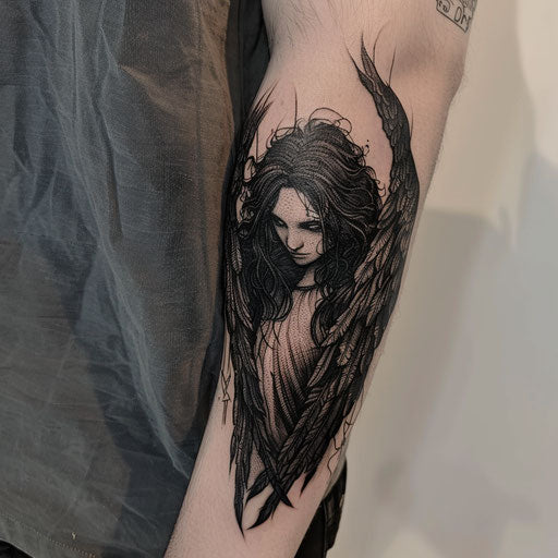 Forearm tattoo with dark angel, Gerald Brom style