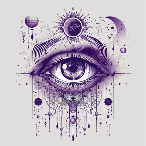 Cosmic eye with purple cosmic elements tattoo style sketch