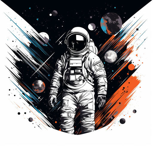 Astronaut in outer space shirt with black stripes, geometric style