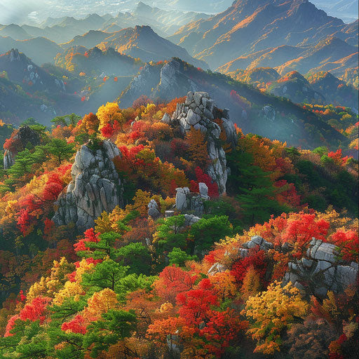 Mount Tai in autumn with colorful foliage, in the style of Kevin McNeal