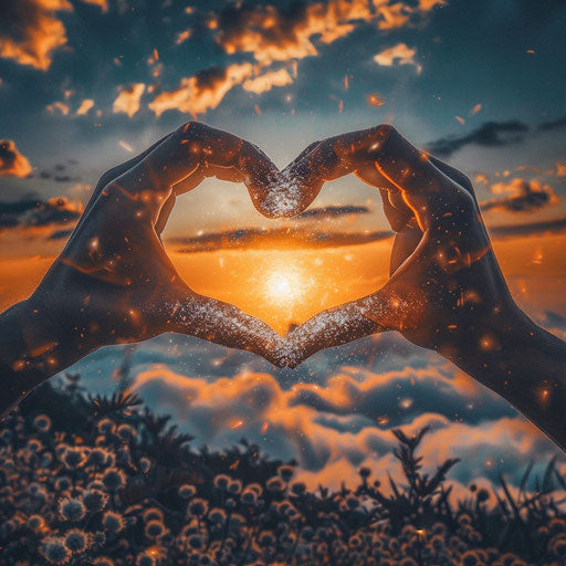 Heart formed by two hands around a setting sun