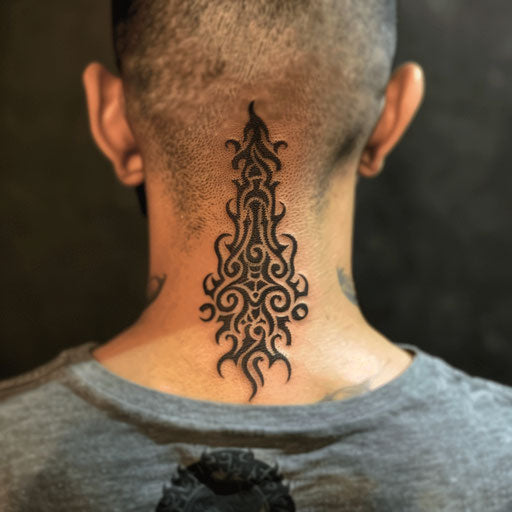 Tribal flames tattoo on neck, Humberto Ramos style