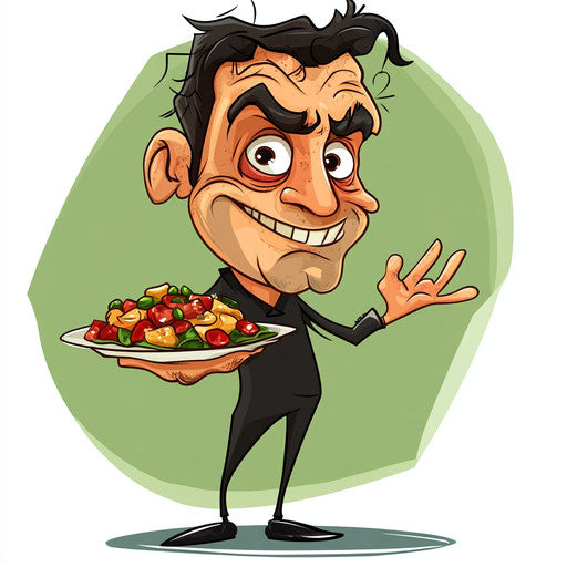 Humorous caricature of a meal with exaggerated human characteristics