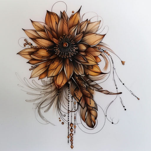 Bohemian tattoo sketch of an aster flower intertwined with feathers and beads in earth tones