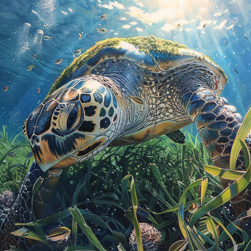 A green sea turtle feeding on seagrass in a sunny bay