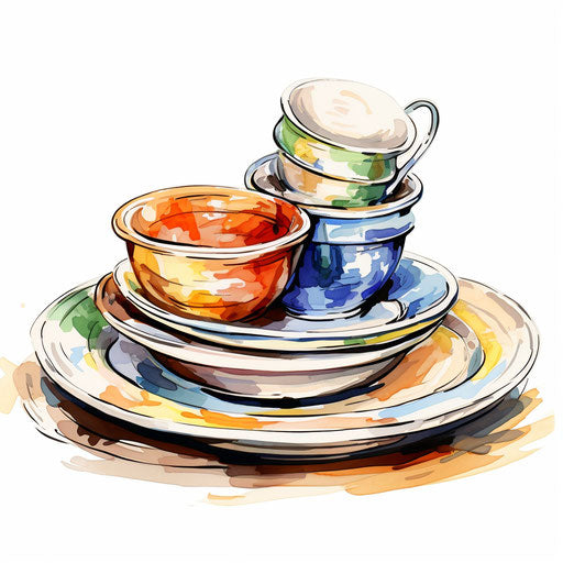 Dishes clipart in the style of Oil painting, on a white background