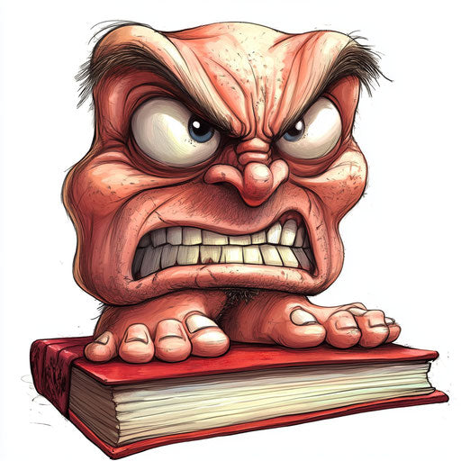 Humorous caricature of a notebook paper character with human characteristics, exaggerated eyes, toe feet, vibrant colors, cartoon style, angry, high-resolution, isolated –c 40