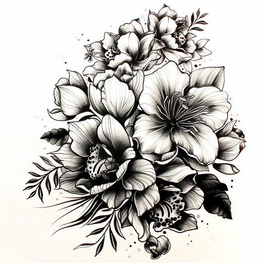 Bold flat tattoo sketch of a birth flower bouquet with dramatic black and white orchids and lotus