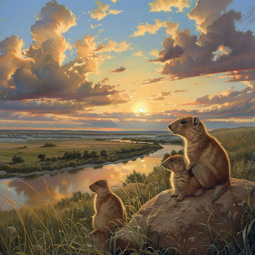 Prairie dogs by a peaceful riverbank