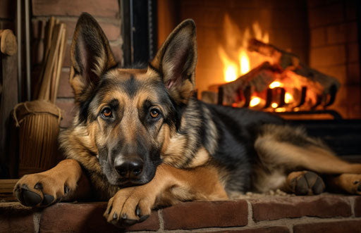 Beautiful German shepherd dog at home by the fire, exaggerated facial features style, poignant 17:11